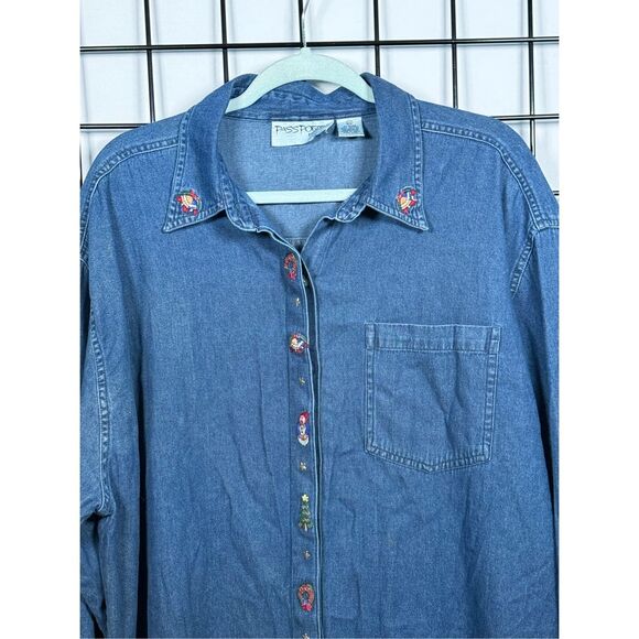 Vtg Passports Plus Embroidered Shirt Womens 3X Blue Christmas Holiday Cottagecor - Picture 2 of 9